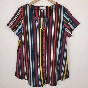 LuLaRoe Shannah Top Womens M Multicolor Vertical Stripe Button Front Boho